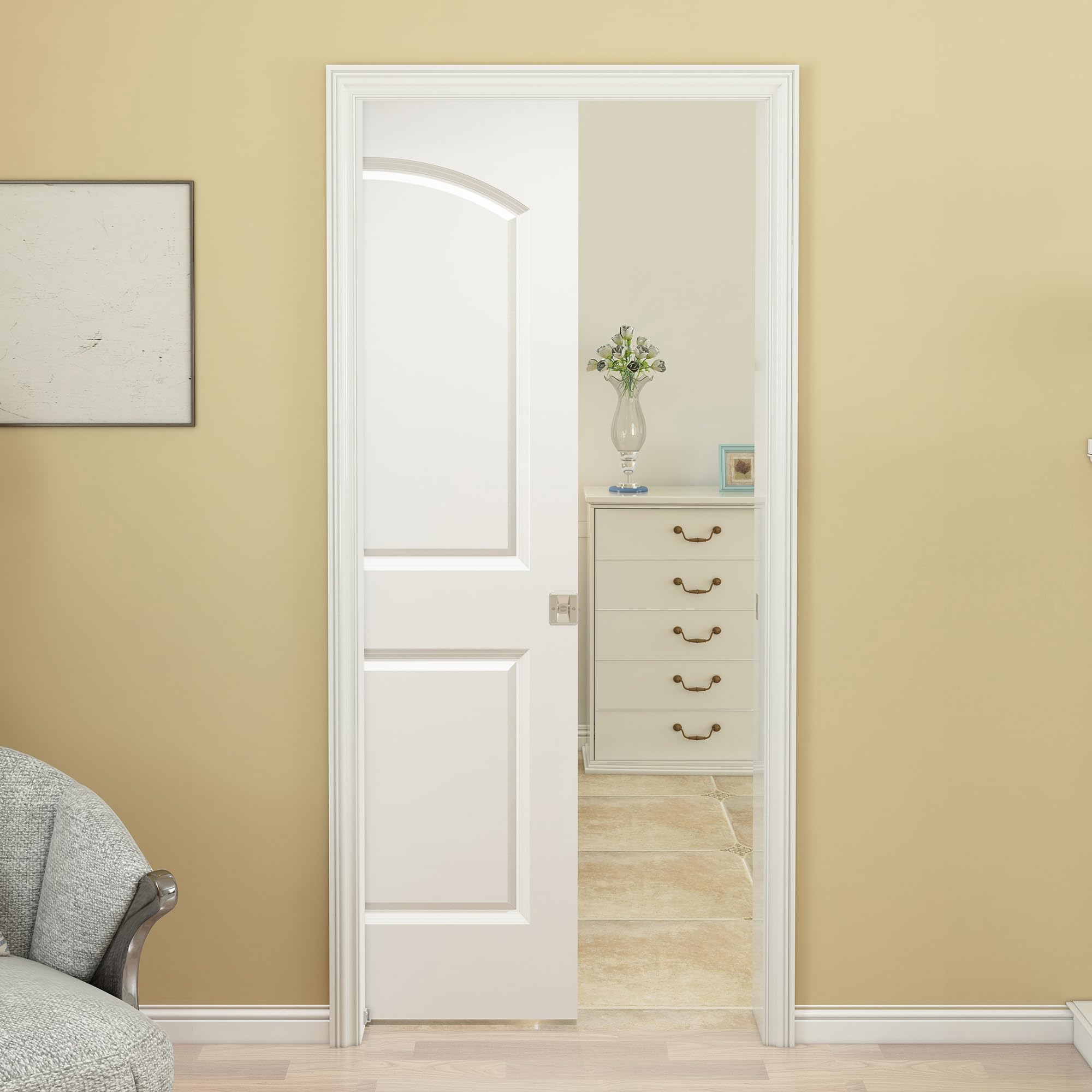 Photo 1 of BARNSMITH 30in x 80in Sliding Pocket Door, Raised 2-Panel Arch Top Smooth White Primed Door Slab wtih Track Hardware and Frame Kits & Privacy Latch, Soft Close Mechanism, Durable and Smooth-Sliding