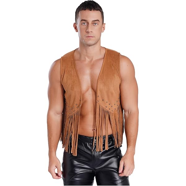 winying Men Fringe Vest Faux Suede Open Front 70s Hippie
