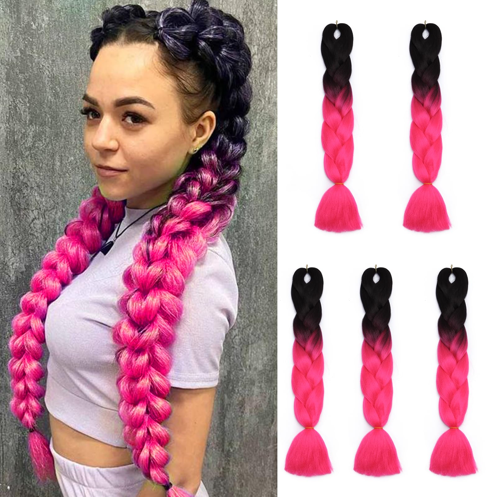24inch 5PCS Braiding Hair Extensions Jambo Braids Ombre Hair Crochet Twist Braids Hairpieces Synthetic - Black-Peach