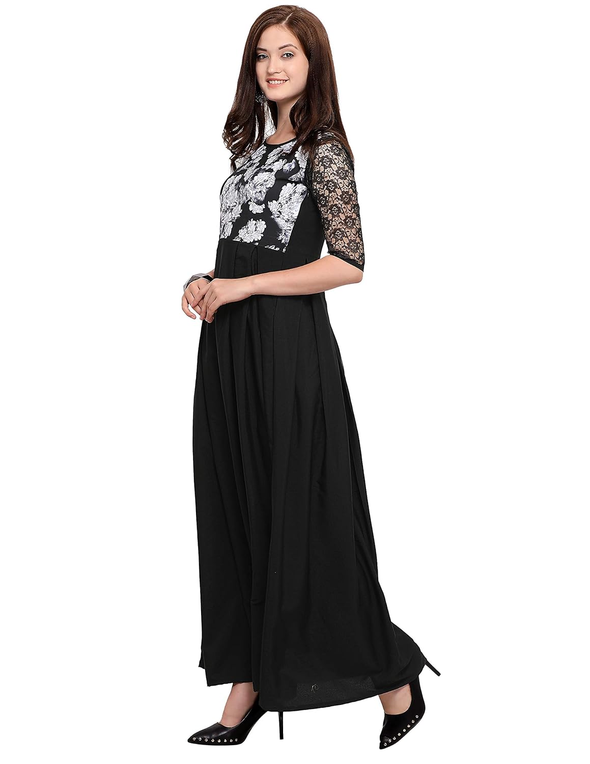 fashion2wear women black maxi digital printed stitched crepe gown