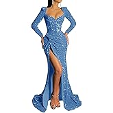 Zeeyecie Long Sleeve Sequin Prom Dresses for Women Mermaid Sparkly Formal Evening Gowns Sweetheart Neck Party Dress with Slit