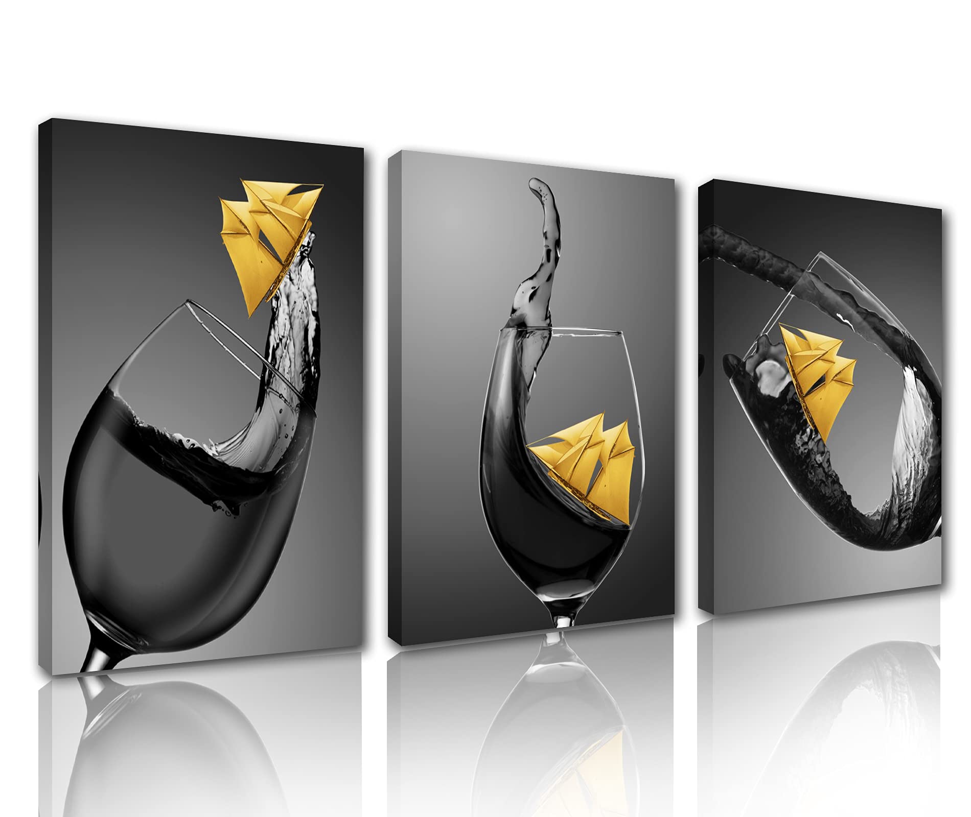 Paintings for Dining Room Black and White Wine Cups Pictures 3 Pcs/Multi Panel Canvas Wine Glass with Yellow Small Boat Wall Art Modern Artwork Home Decor Wooden Framed Ready to Hang (42x20 inches)