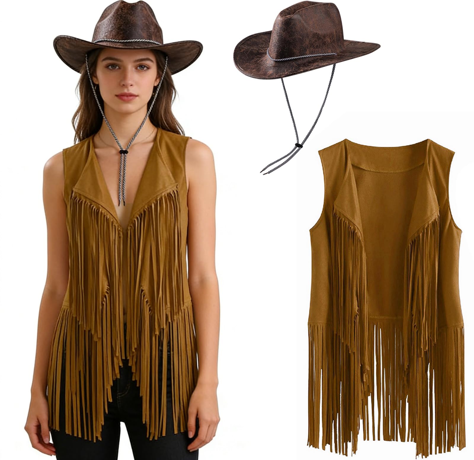Women Cowgirl Costume Outfit Cowboy Hat Set Women's Tassel Vest 70s Fancy Dress Women Disco Top Hippie Clothes Costume Faux Suede Fringe Jacket Cardigan Sleeveless Jacket 60s Fancy Dress for Men Adult
