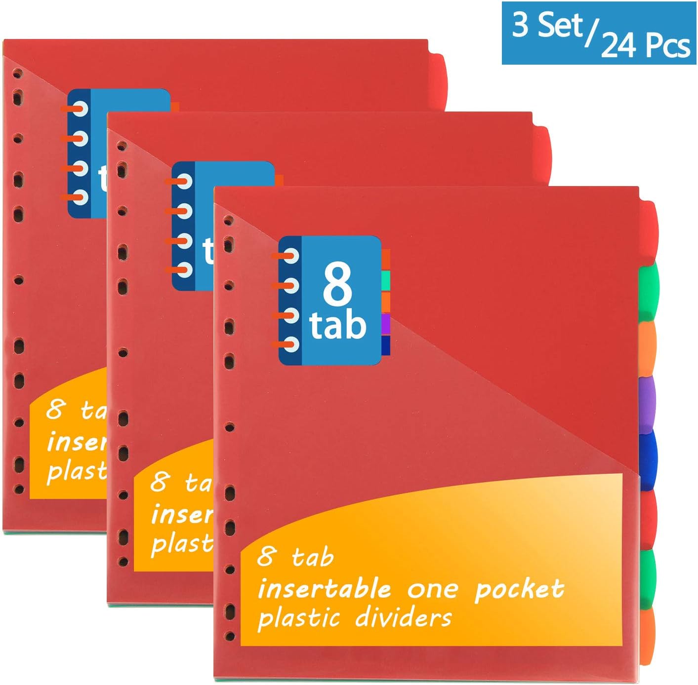 Insertable Plastic Dividers, Binders Dividers with Pockets & tabs, 8-Tab Set, Multi-Color, Pack of 3 : Office Products