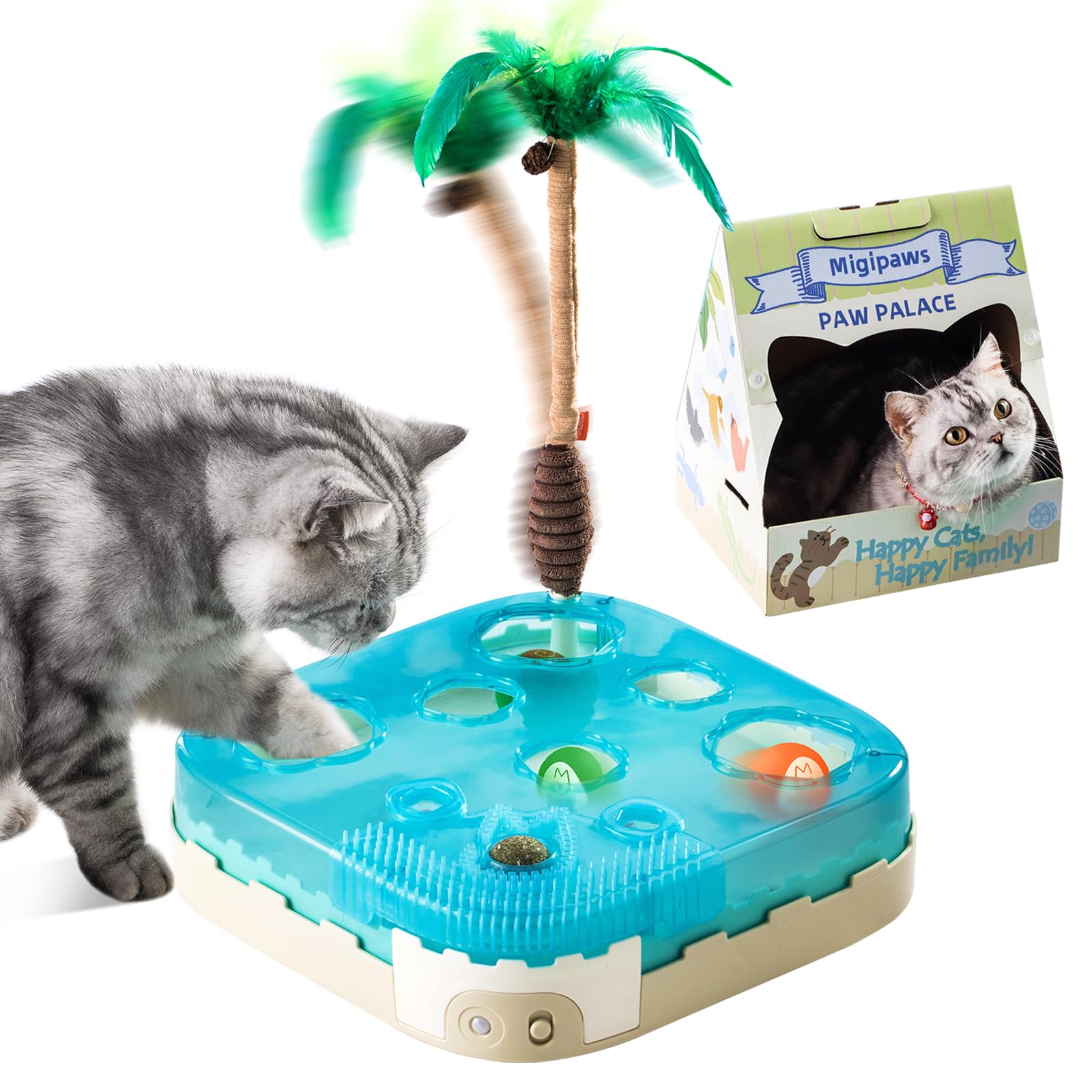 Migipaws 7-in-1 Interactive Automatic Cat Toy – Ultimate Indoor Cat Toy with Motion Sensor, LED Night Mode, Teaser Wand, Catnip Ball & Foam Balls for Bored Indoor Cats