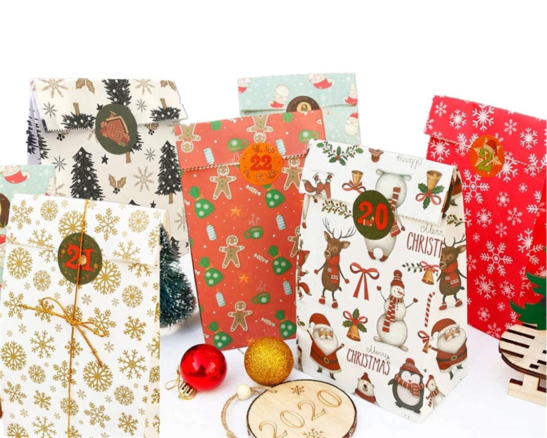 24 Pcs Christmas Kraft Paper Bags with 24 Stickers, 6 Elements Themed Design Xmas Snack Bags for Kids Party Favors