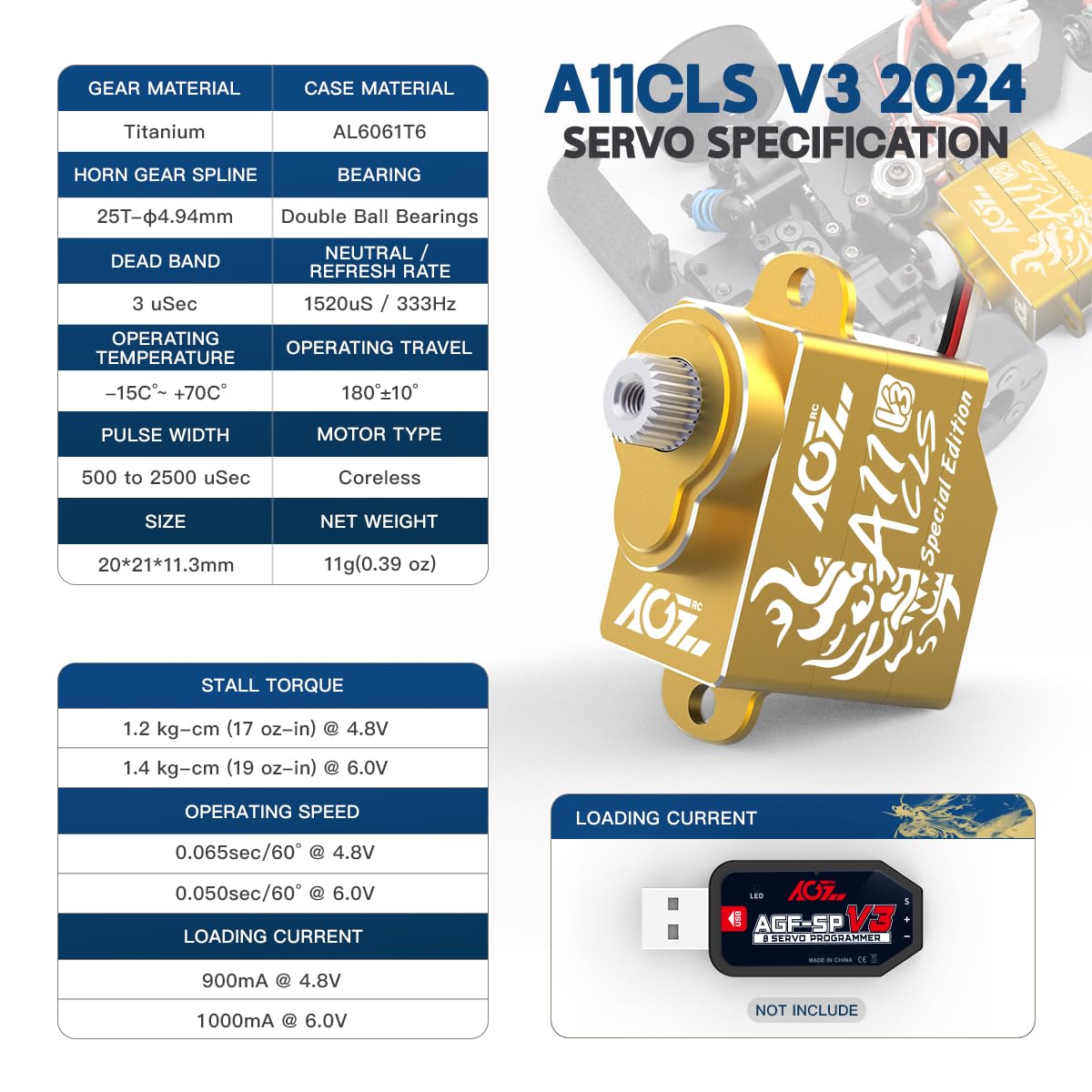 AGFRC Mini-Z-Car Servo de Direction Micro – 11 g programmable 0,065 Sec Haute Vitesse entièrement en métal servo numérique sans Noyau, Angle de AGFRC Mini-Z-Car Servo de Direction Micro – 11 g programmable 0,065 Sec Haute Vitesse entièrement en métal servo numérique sans Noyau, Angle de