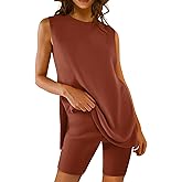 AGSEEM Shorts Sets Women 2 Piece Outfits Summer Sleeveless Tunic Top Crewneck Shorts Lounge Sets Beach Fashion Vacation