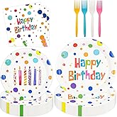 HFBOBP 96pcs Birthday Paper Plates Napkins Party Supplies Set, 9inch Colorful Dots Happy Birthday Dinner Plate and 7inch Dessert Plate Disposable Multicolor Party Decorations for Kids Boys Girls