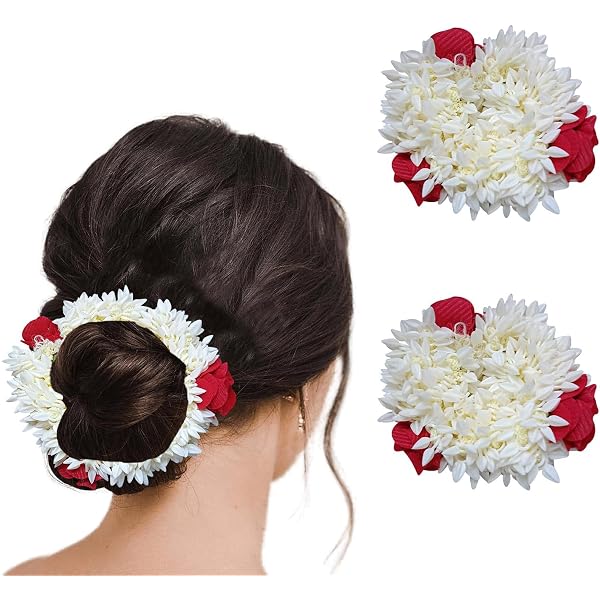 Kunsthaar Gajra Set – 4er Set Weiße Schnur Mit Roten Blüten, Ca. 33 Cm, Für Hochzeiten & Feste