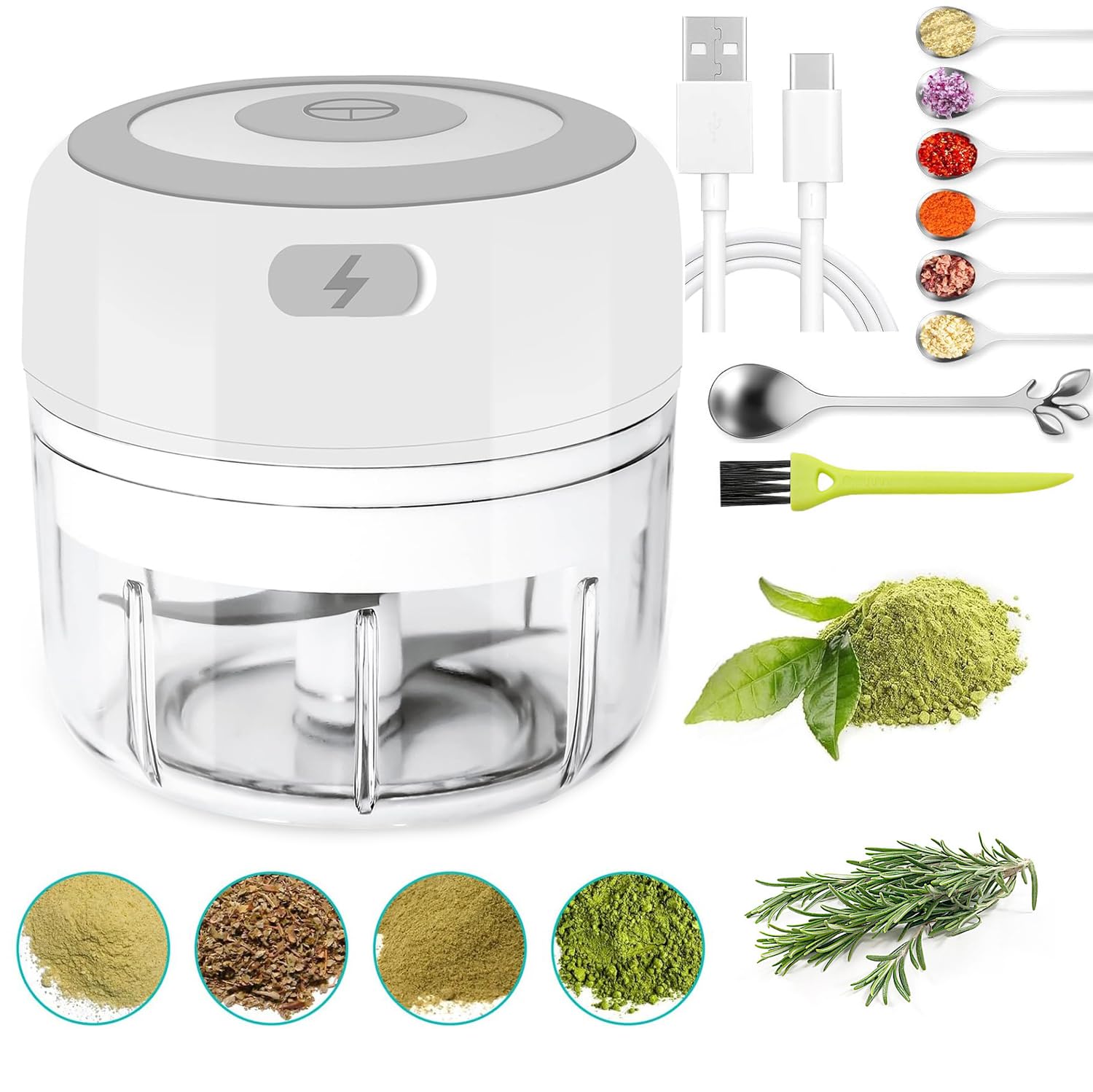 Photo 1 of Electric  Grinder with Mini Scoop & Brush - 3.5-Inch 3.4oz USB Cordless, Adjustable Coarse to Fine Grind for Spices/Garlic/Herbs - Waterproof Portable Food Chopper (White)