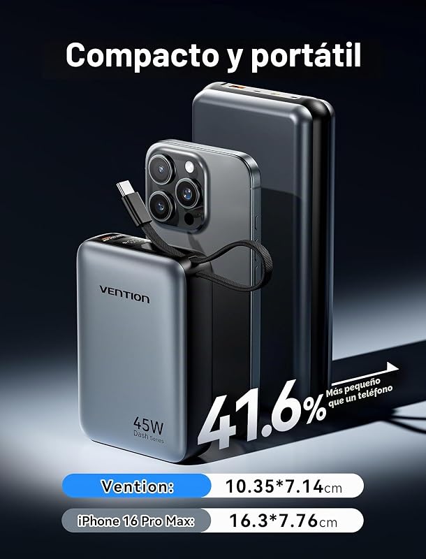 Mini Power Bank 45 W 20000 mAh com cabo USB-C integrado, carregador rápido PD/PPS, baterias externas para telemóvel com ecrã LED para iPhone 18/17/16, Galaxy S25/S24, iPad, computador