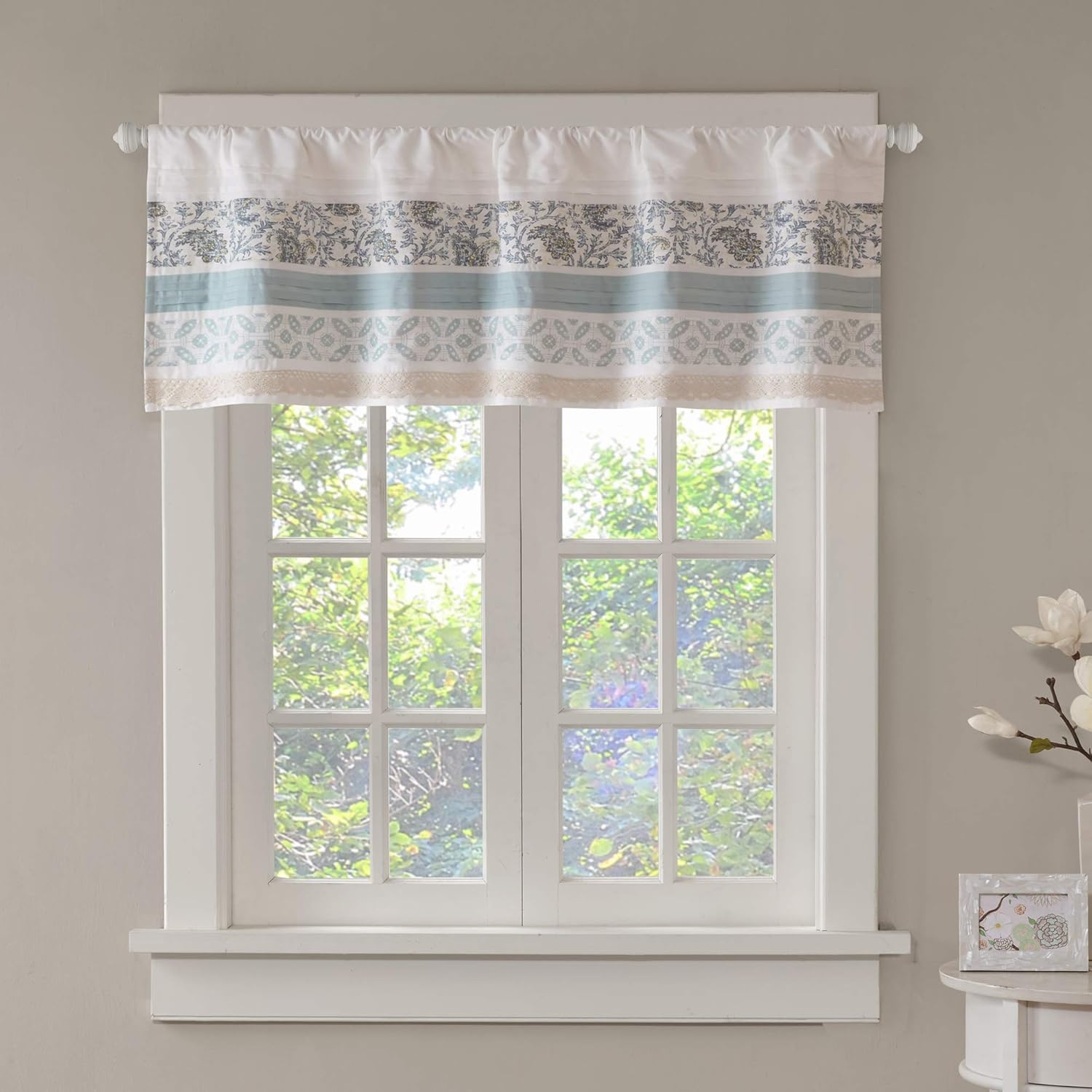 Dawn Printed Blue Window Valance, Cotton Pieced Rod Pocket Print Floral