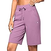 SANTINY Women's Bermuda Long Shorts with Pockets Drawstring High Waisted Athletic Knee Length Shorts Walking Casual Workout
