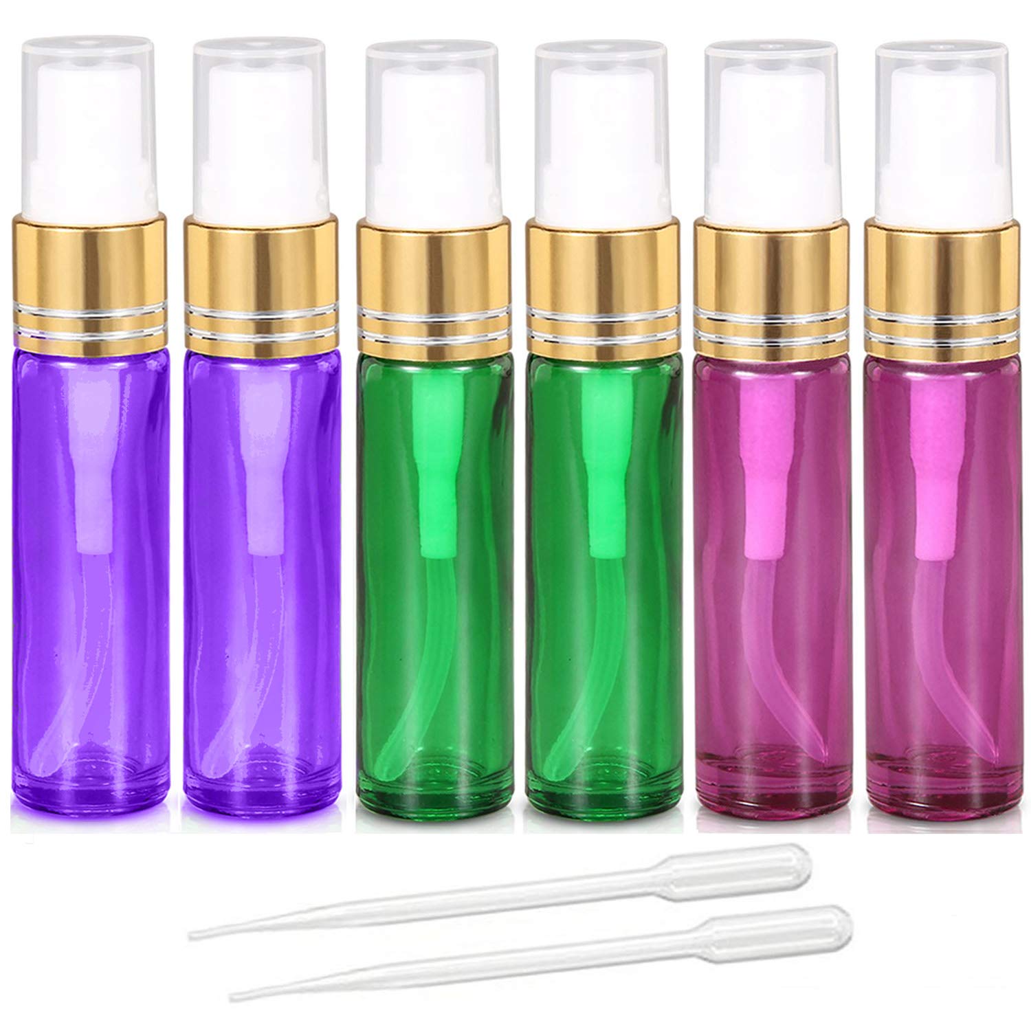 JamHooDirect 6Pcs 10ml Empty Glass Spray Bottles with Golden Fine Mist Sprayers, Travel Atomiser Refillable Portable Container Includes 2 Droppers for Essential Oils, Perfume or Night Out Fragrance