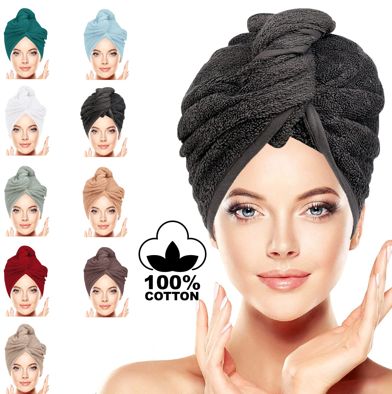 LUXURY Hair Towel Wrap 100% Cotton, Instant Drying Lightweight Turban Cap Super Quick Absorbent Anti-Frizz Twist Toweling Dry Hat with Button Loop for Long Curly Hairs, 62CM x 23CM Charcoal Single