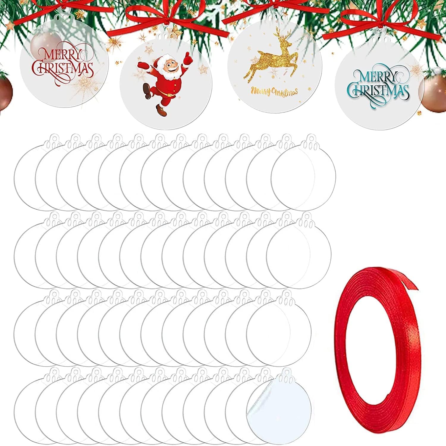 TSKDKIT 50 Pcs Christmas Bauble Clear Acrylic Disc Round Christmas Ornaments with Ribbon, Flat Baubles for Craft, Large Clear Blank Acrylic Xmas Discs for Tree Party Hanging Decoration(10cm)