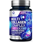 Multi Collagen Peptides Supplement for Hair, Nail, Skin - Type I, II, III, V, X, Collagen Powder Pills - Grass-Fed, Hydrolyzed for Bone and Joint Support for Women &amp; Men, Non-GMO - 60 Capsules