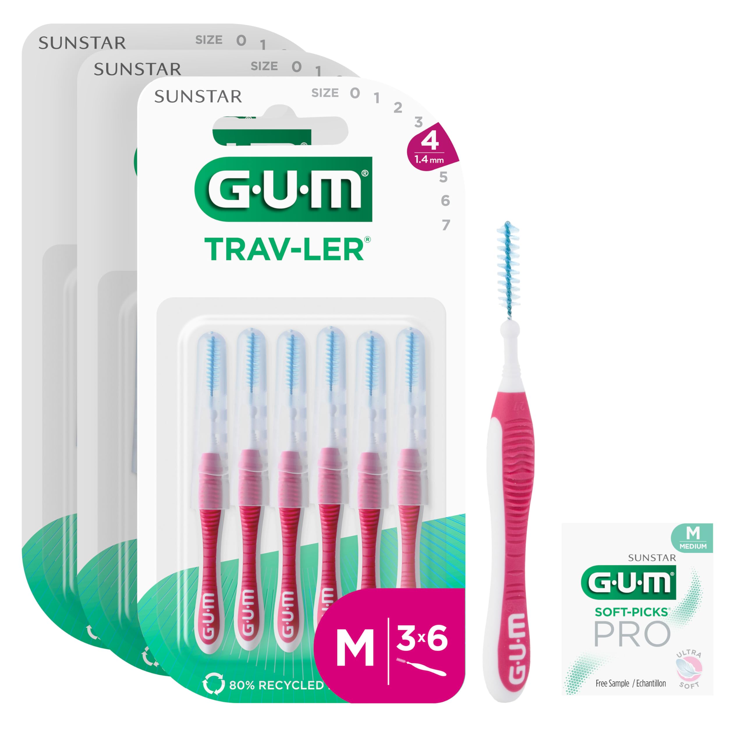 GUM TRAV-LER | interdental Brushes | Bendable Handle | Thorough Cleaning Between Teeth and Plaque Removal | 1.4 mm, ISO 4 | Size M | 3x6 Bundle (with 1 Bonus Sample)