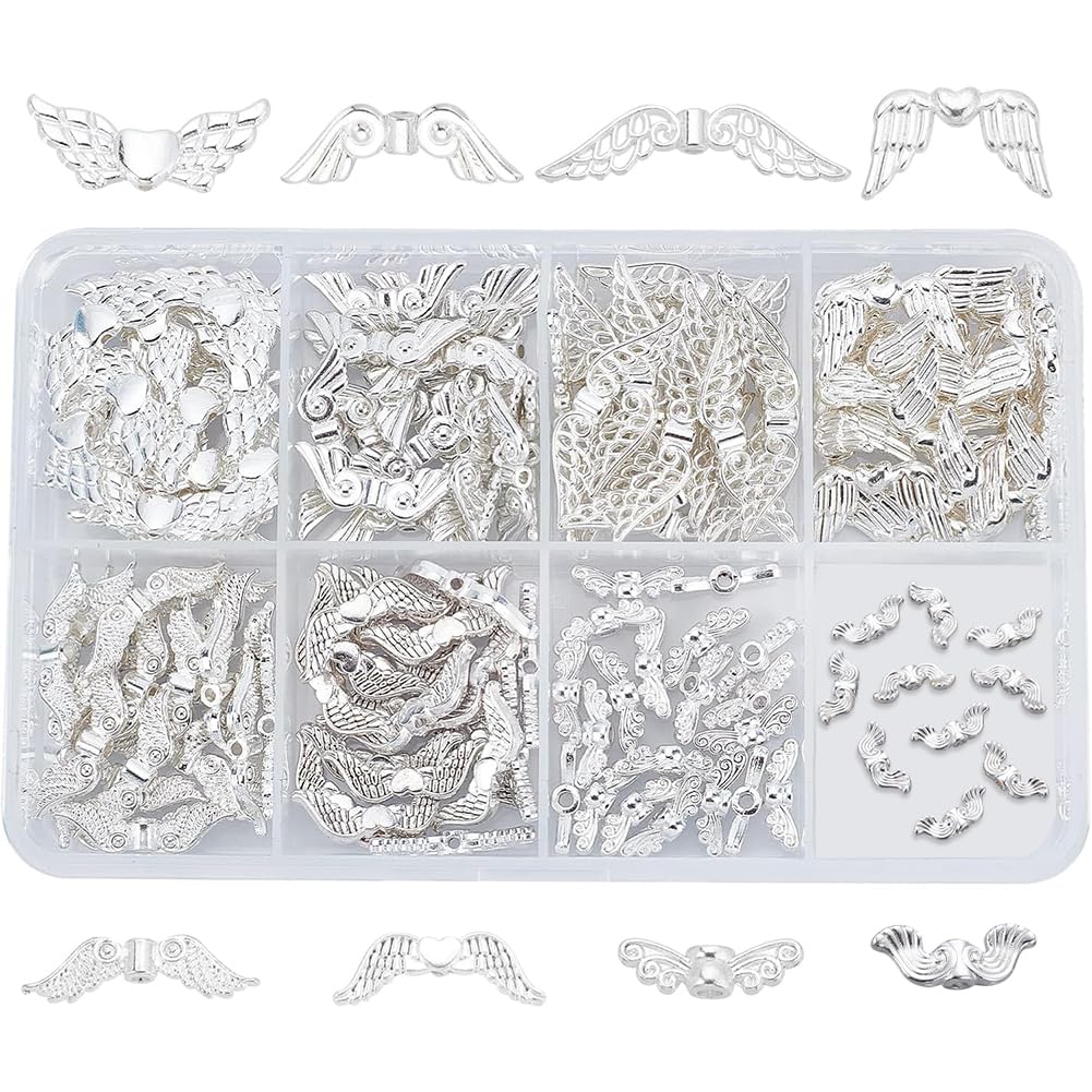 PH PandaHall 160 pcs 8 Styles Silver Wing Shape Tibetan Style Alloy Beads Charm Spacer Beads for Bracelet Necklace Jewellery DIY Craft Making
