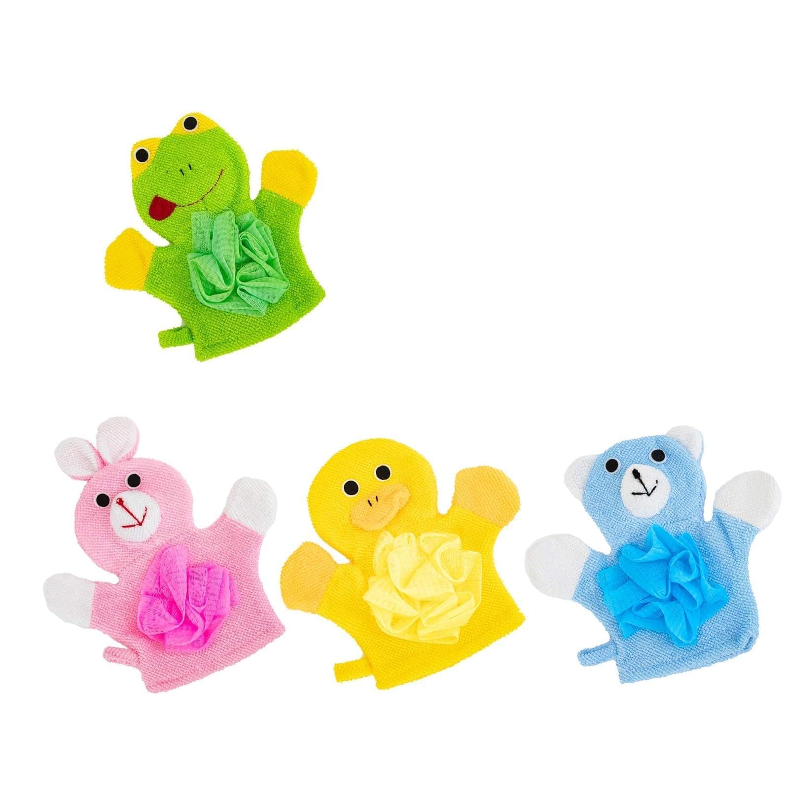 EnixwH 4 Pieces Baby Shower Mitt with Animal Pattern, Double Use Exfoliating Body, Soft Bath Mitt for Showers (22 x 23 cm)