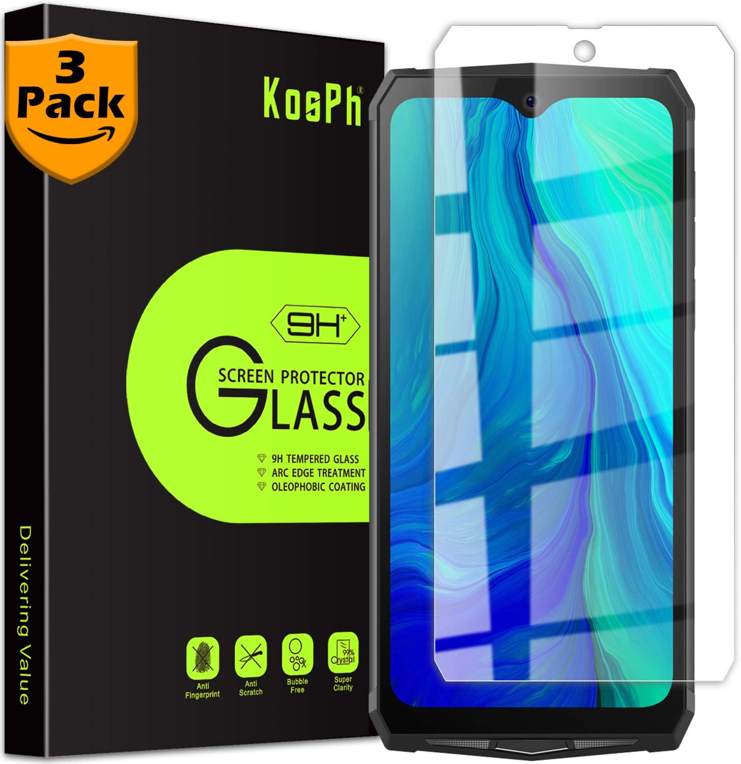 [3-Pack] KOSPH for Blackview BV9100 Tempered Glass Screen Protector, 9H Anti-scratch, 2.5D Arc Edge, Oleophobic Coated, Sensitive Touch, High Clarity (Flat Area Coverage, Clear)