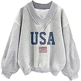 Avanova Women USA Graphic V Neck Sweatshirts Top Drop Shoulder Long Sleeve Pullover Shirt