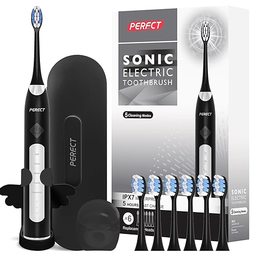 PERECT Electric Toothbrush for Adults, Rechargeable Sonic Electric Toothbrush with 6 Replacement Brush Heads, 1 Charge for 30 Days, 5 Modes 3 Intensities, Smart Timer, Black