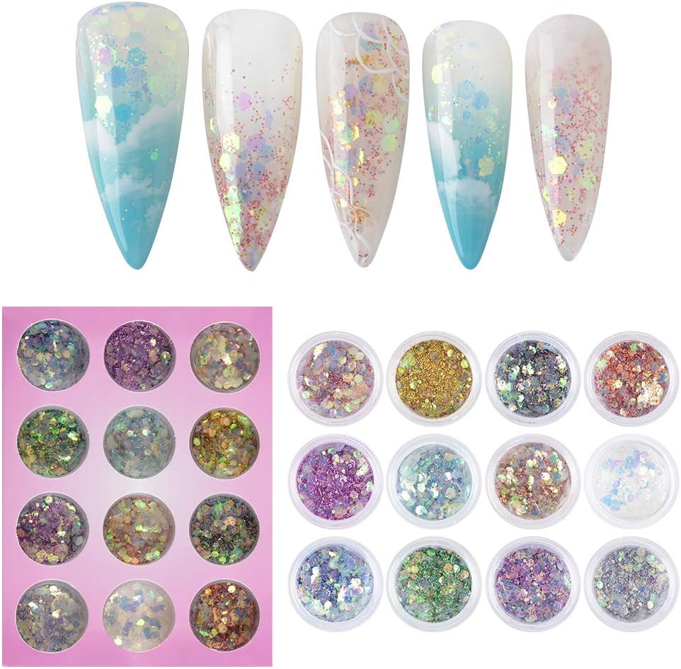 QIMYAR 12 Boxes Holographic Mermaid Glitter Chunky Glitter Sequins Iridescent Flakes Hexagon Mixed Paillette Colorful Face Body Hair Nail Makeup Nail Art Decals