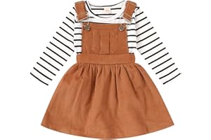 YOUNGER TREE Toddler Baby Girl Fall Outfit Long Sleeve Stripe T-Shirt and Strap Dress Overall with One Pocket Clothes Sets