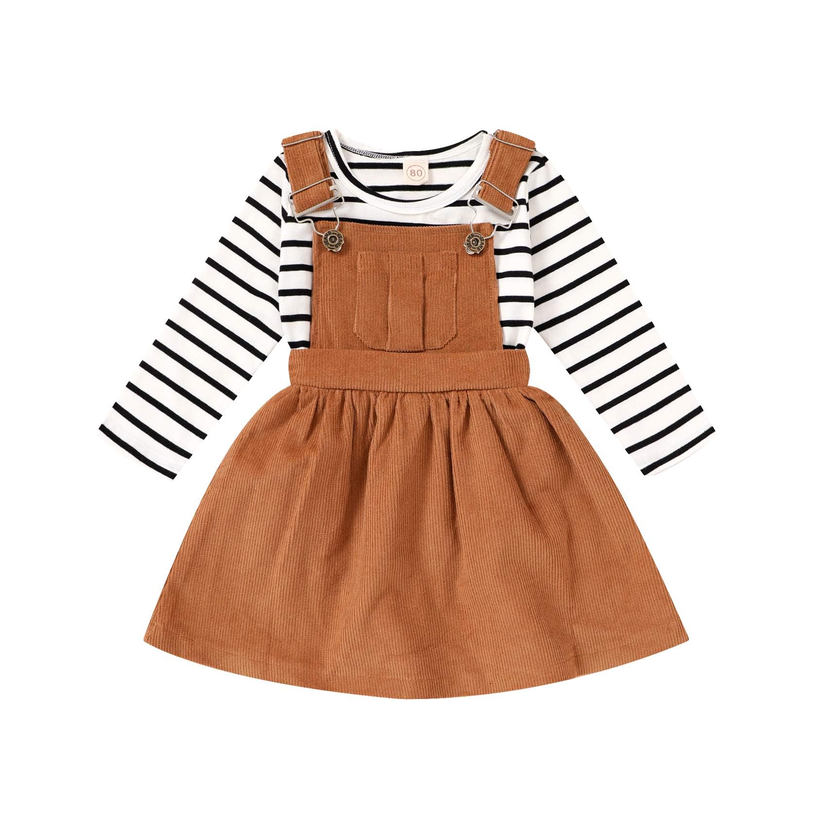 Photo 1 of Toddler Baby Girl Fall Outfit Long Sleeve Stripe T-Shirt and Strap Dress Overall with One Pocket Clothes Sets (Brown, 2-3T)