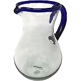 Mexican Hand Blown Glass Pitcher – Cobalt Blue Rim and Handle (84 oz)