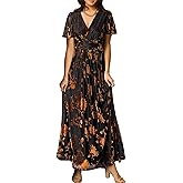 Simplee Women’s V Neck Velvet Maxi Dress Short Sleeve Empire Waist Long Formal Dress for Wedding Guest