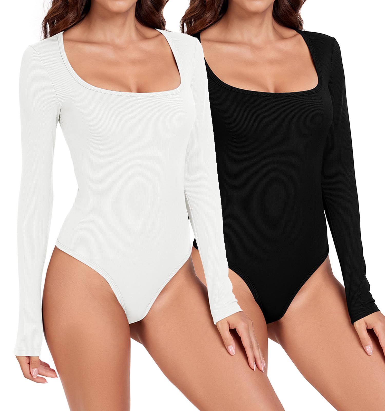 Photo 1 of TownCat Women's 2 Piece Bodysuits Sexy Ribbed Bodysuits, One Piece Square Neck Long Sleeve Body Suits Tops (Medium, Black+White)