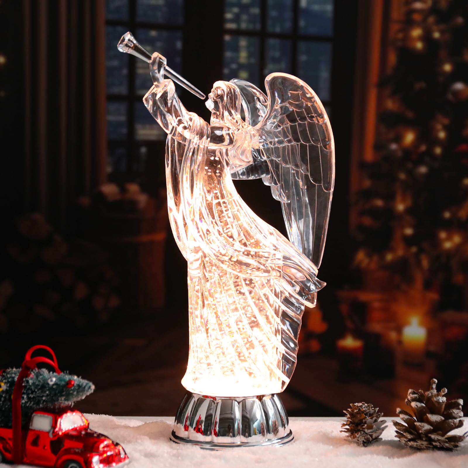 Photo 1 of WONDER GARDEN Christmas Angel Figurines, Light Up Angel, 12" Acrylic Angels with Wings and Trumpet, Battery Operated Water Swirling Glitter Led Lights Christmas Decorations for Home Decor
