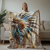HUNXIAOJ Native American Throw Blanket Indian Print Blanket Indian Feather Headdress Pattern Native American Bedding Warm Soft Flannel for Bed Sofa Couch (50 in x 60 in)