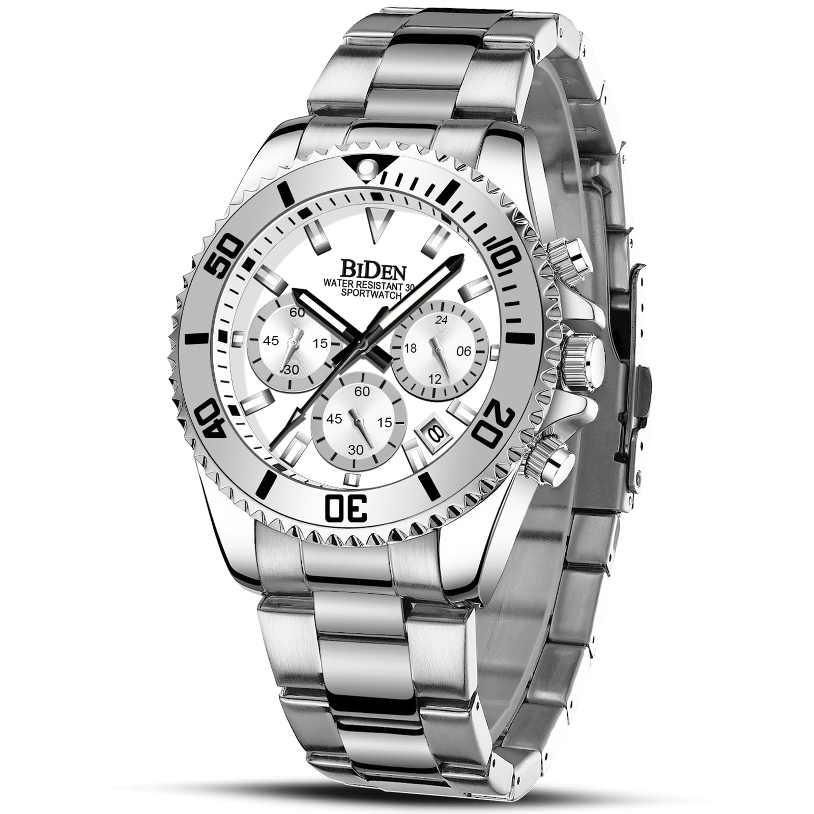 Men's Stainless Steel Chronograph Watch, Waterproof Designer Wristwatch, Luminous Analogue Business Watch With Date, Silver white