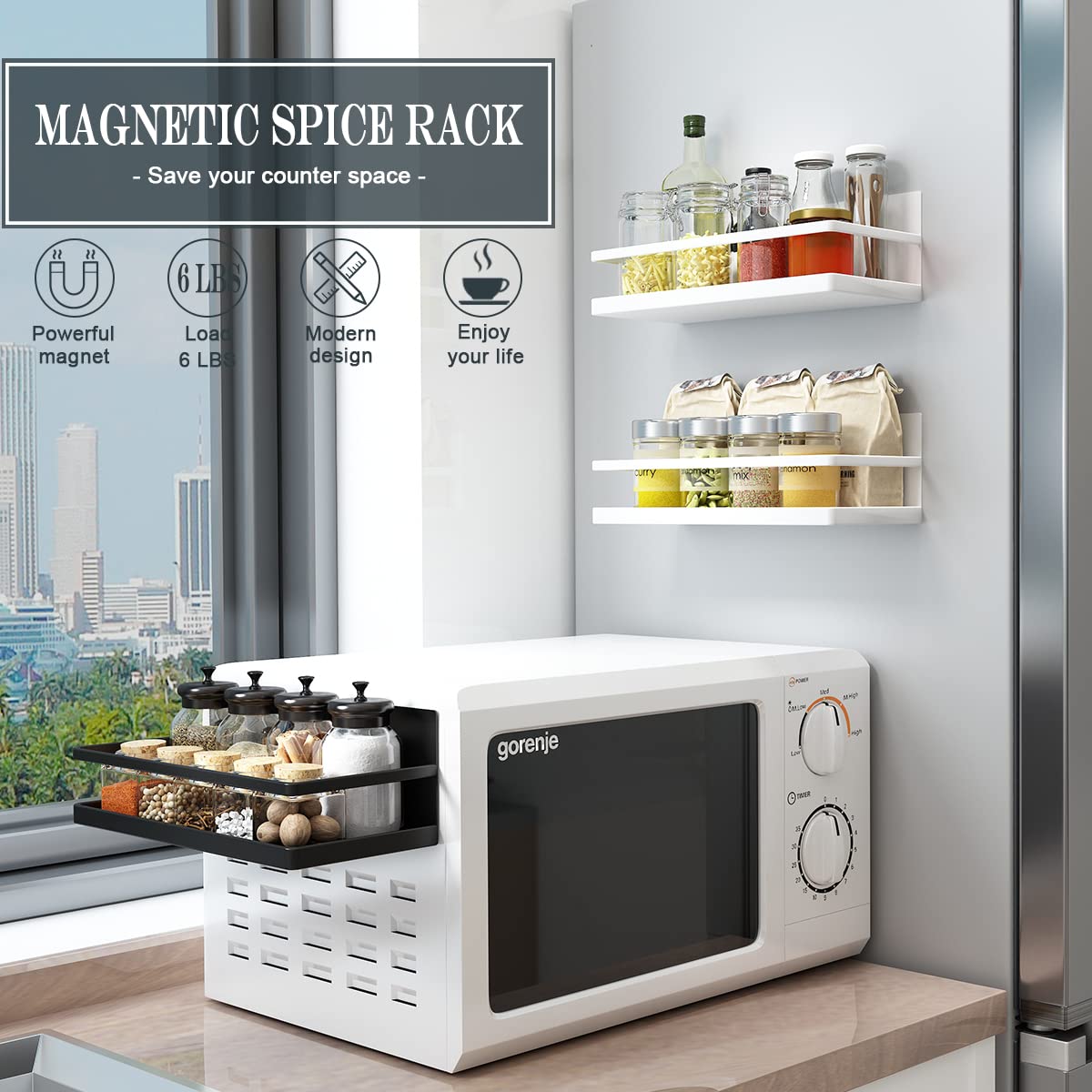 Hoopoton Magnetic Spice Rack Organizer Single Tier Refrigerator Spice Storage Shelf, Easy to Install The Side of The Refrigerator Can Hold spices, Jar of Olive Oil (White, 2 PACK)