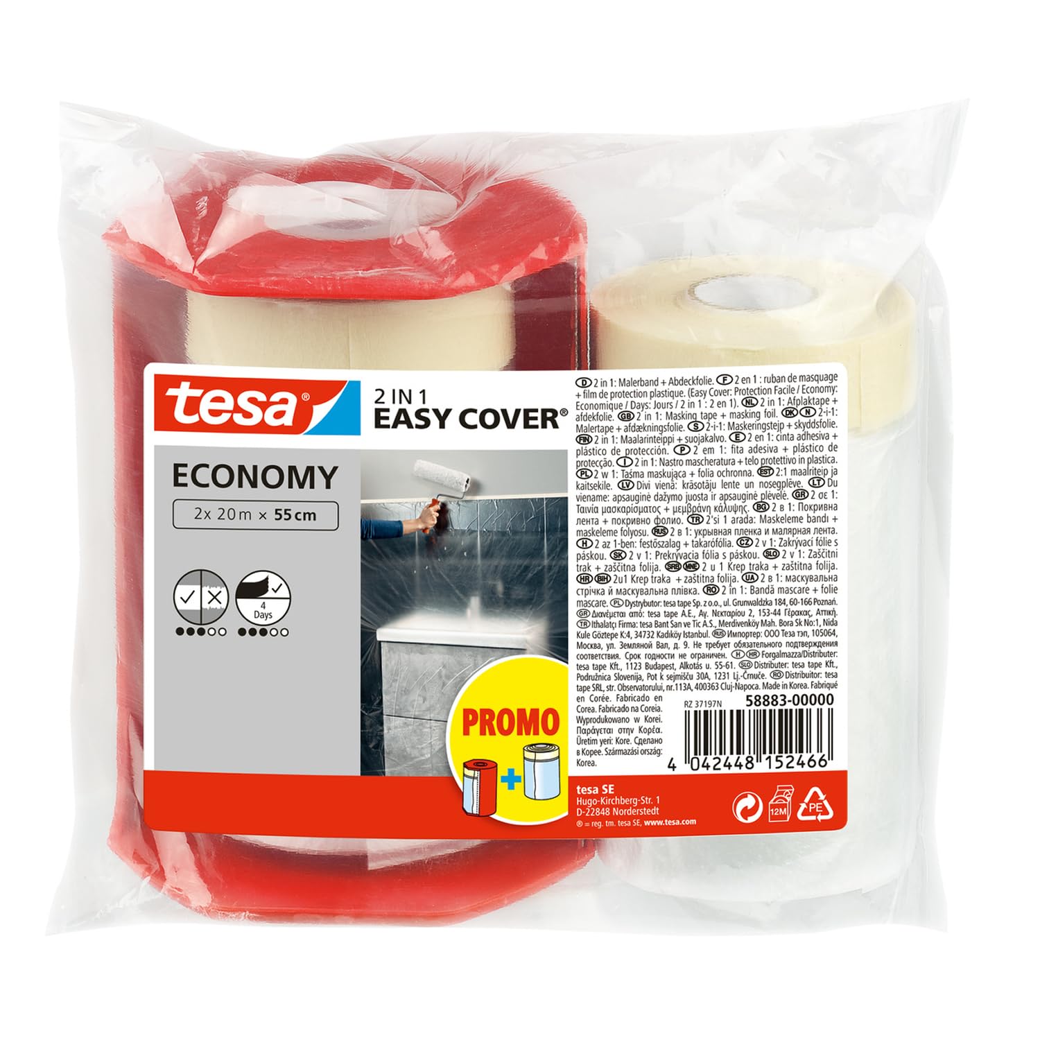 tesa Easy Cover ECONOMY Cover Sheet for Painting - 2 in 1 Protection Foil and Masking Tape for Masking - 2x 20 m x 55 cm + Dispenser