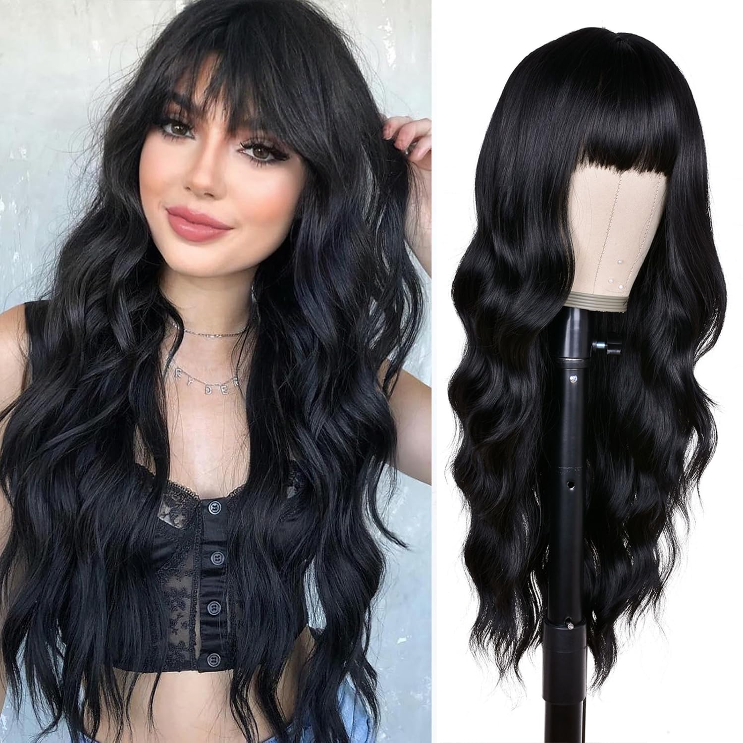 CoCrowns Wig with Bangs Long Wavy Wigs for Women Long Curly Synthetic Wig for Party Daily Use (Black)