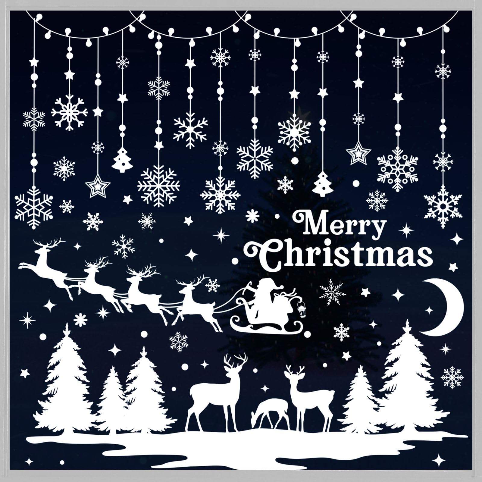 Nepfaivy Christmas Window Stickers Reusable 209Pcs - Double Sided Xmas Window Stickers Christmas Scene, Removable White Snowflake Reindeer Clings for Xmas Decorations