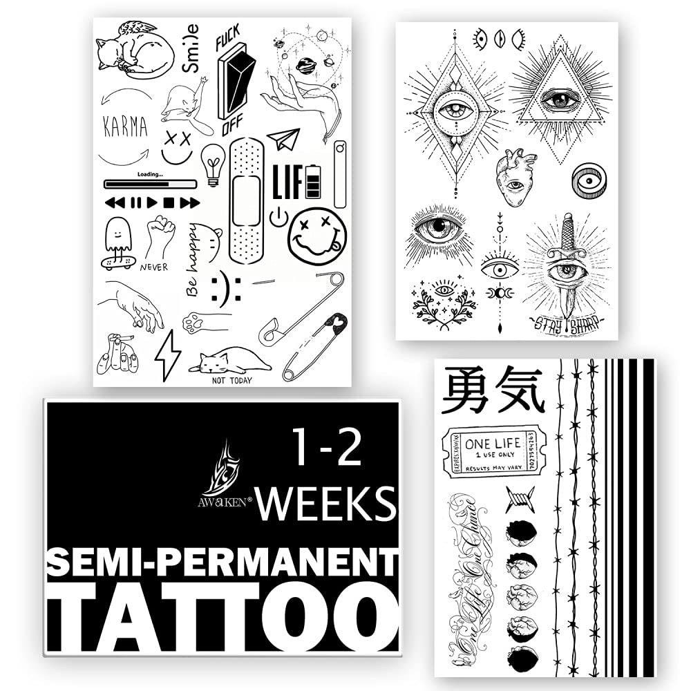 AWAKEN Tattos Semi-permanent Stickers Temporary Juice Tattoo Pack 3 sheets Design Unisex Kanji Japanese Eye Providence Emoji Arm (SET 5)