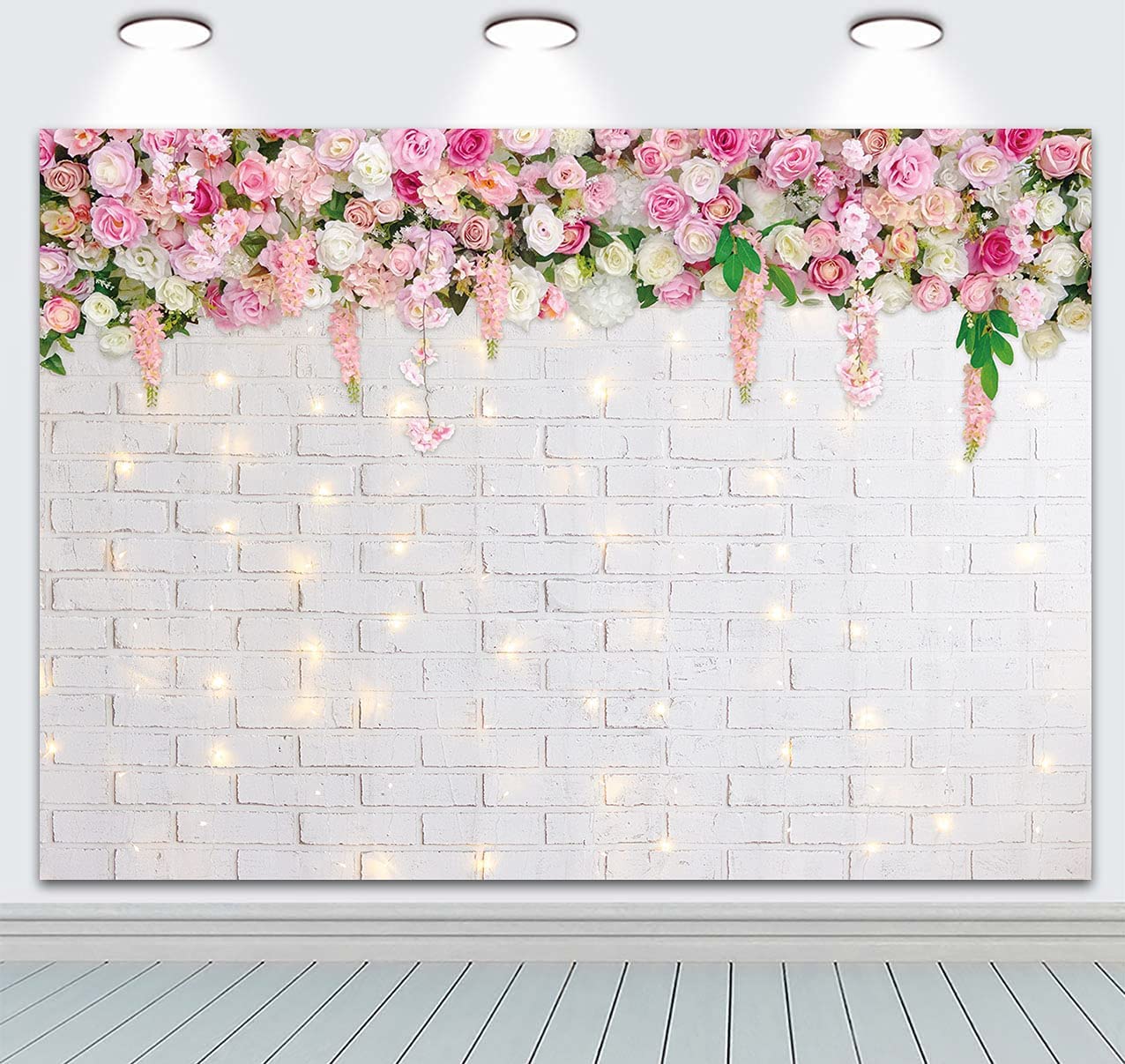 Flower Wall Backdrop Glitter White Brick Wall Floral Photography Background Wedding Bridal Baby Shower Birthday Party Decor Banner Portrait Photo Booth Props