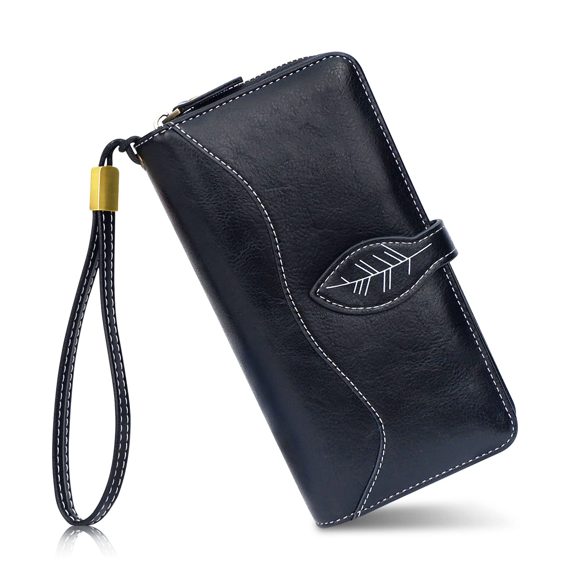 conisy Large Capacity Purses for Women,Long Leather Multiple Card Slots Ladies Wallet with RFID Protection (Black)