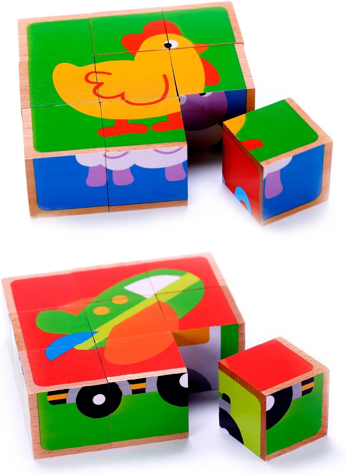 Pack of 2 Chunky Wooden Cube Block Puzzles for Toddlers, Preschool Age | Bundle Includes Vehicle & Barnyard Farm Animal Wood Puzzles | Buy The Bundle & Save! | Great Gift for 2, 3 & 4 Year Olds