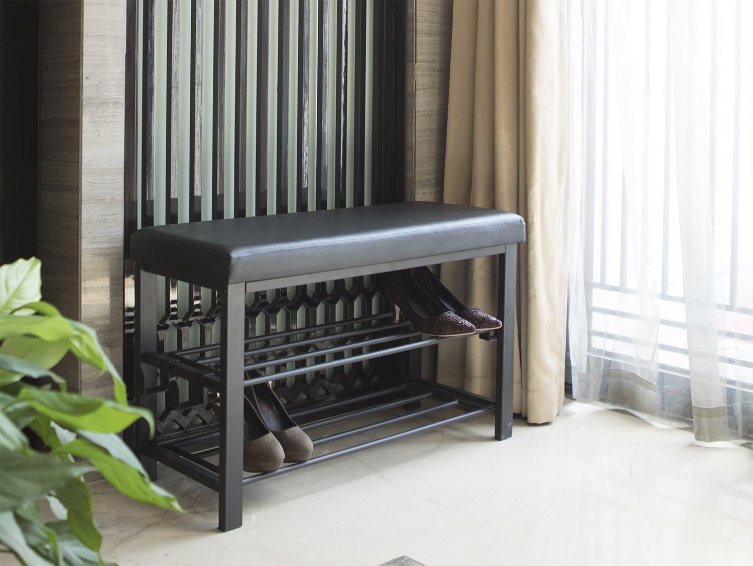 Finnhomy Entryway Shoe Rack with Cushioned Seat, 2 Shelves Storage Bench w/Faux Leather Top Bed Bench, Black: Home & Kitchen