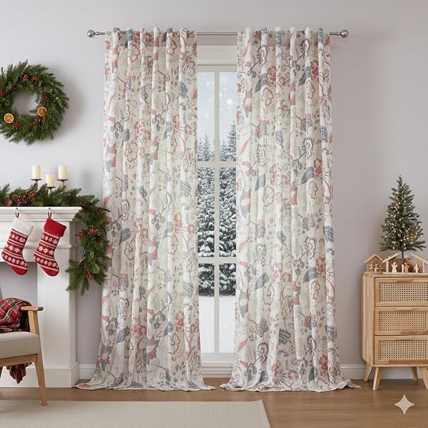 KAYNE STUDIO NAVY RED CURTAIN PANELS LINEN TEXTURED BOTANICAL LEAF PRINT FLORAL FARMHOUSE LINEN CURTAIN DRAPES LIGHT FILTERING WINDOW TREATMENTS LIVING ROOM BEDROOM ROD POCKET BACK TAB,52″X102″X2