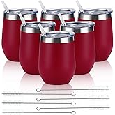 6 Pack Stainless Steel Wine Tumblers, 12Oz Insulated Wine Tumbler, Double Wall Insulated Wine Glass, Stainless Steel Stemless Wine Cups with Lids for Coffee, Wine, Cocktails, Champaign, Wine Red