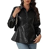 Ladyful Women's Faux Leather Shirt Long Sleeve Button Down Tiered Blouse Collared Flare Peplum Tops