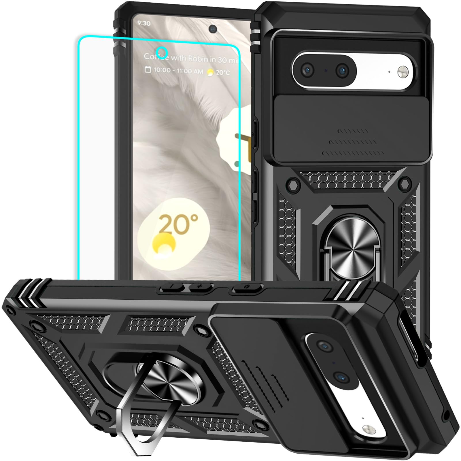 for Pixel 7 Case with Screen Protector: [Military Grade 20ft. Drop Tested] Ring Shockproof Protective Phone Case for - Google Pixel 7 (Black)